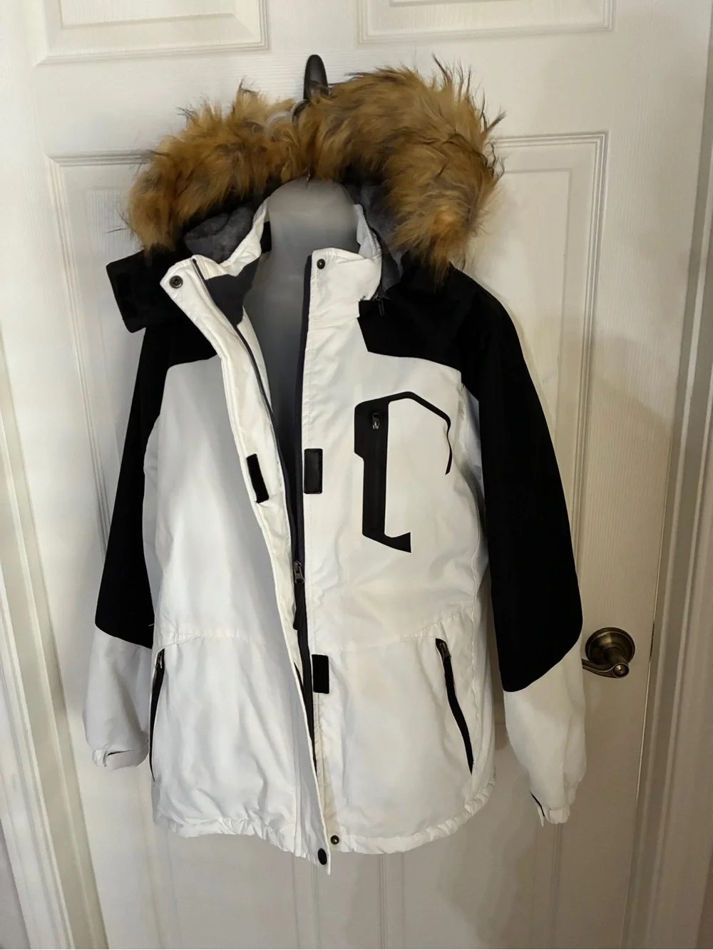 Two-Tone White and Black Winter Jacket with Faux Fur Hood